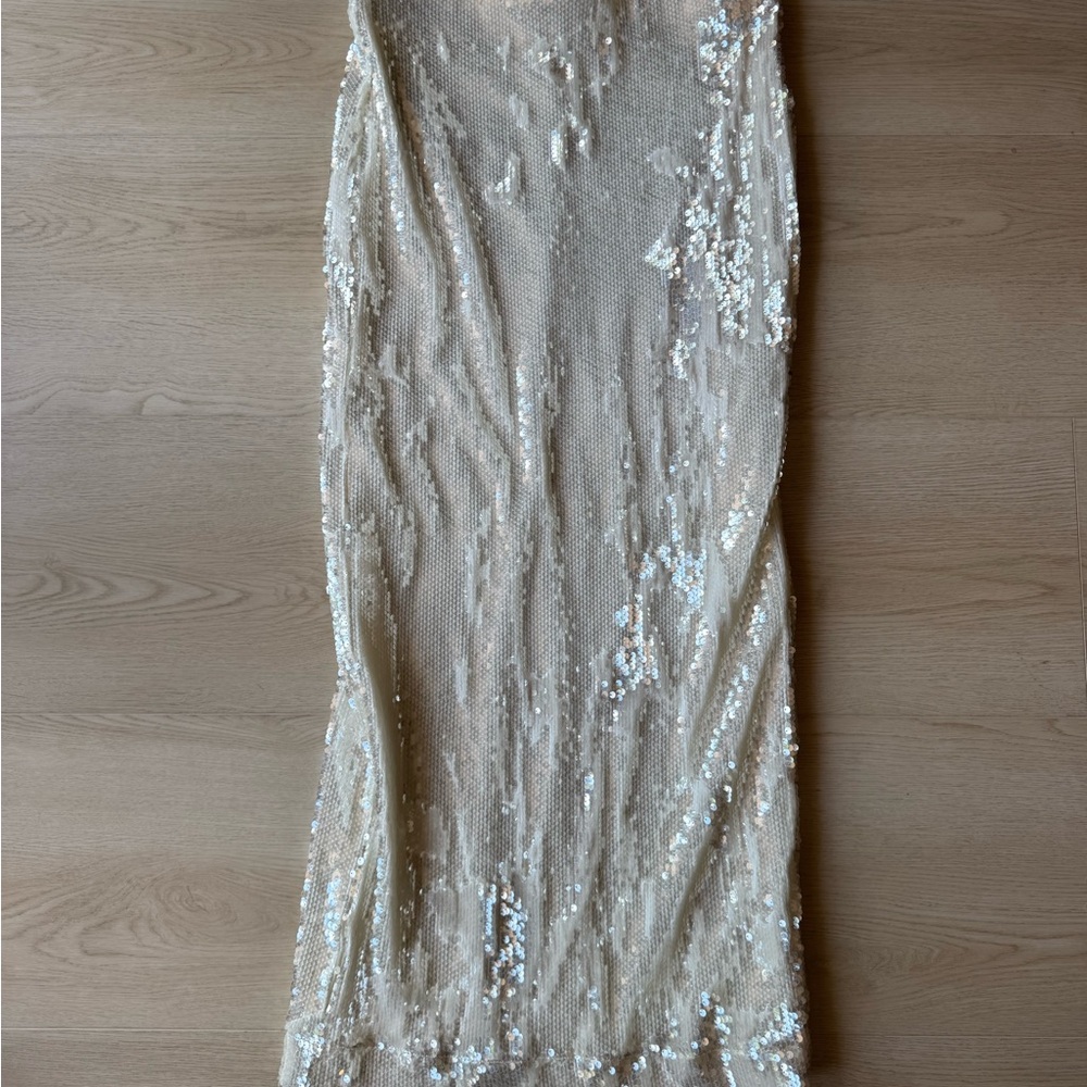 Mango White Sequin Pencil Midi Skirt